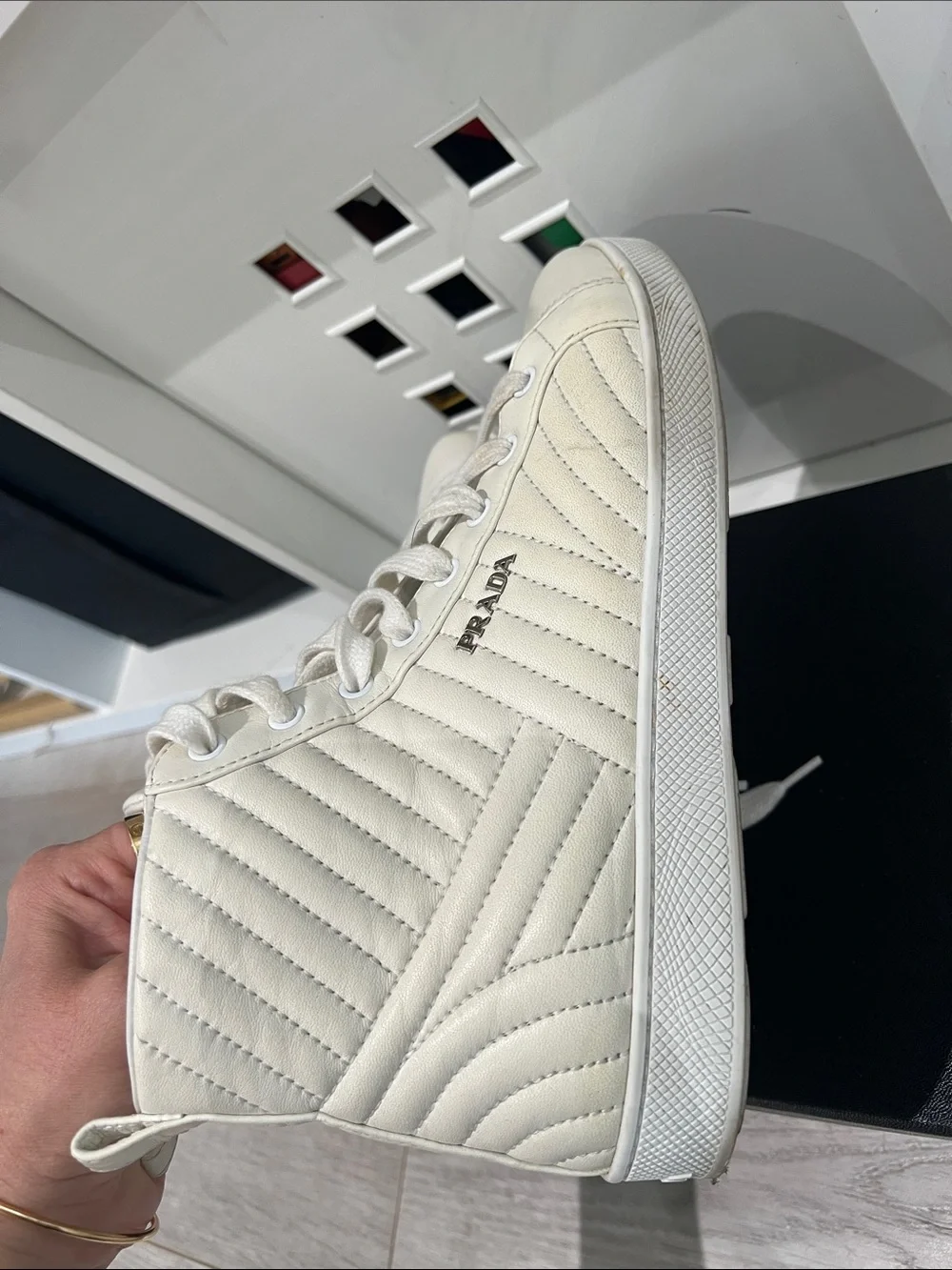 Prada White Quilted High-Top Sneakers for Women. Super cute and stylish - Picture 6 of 6